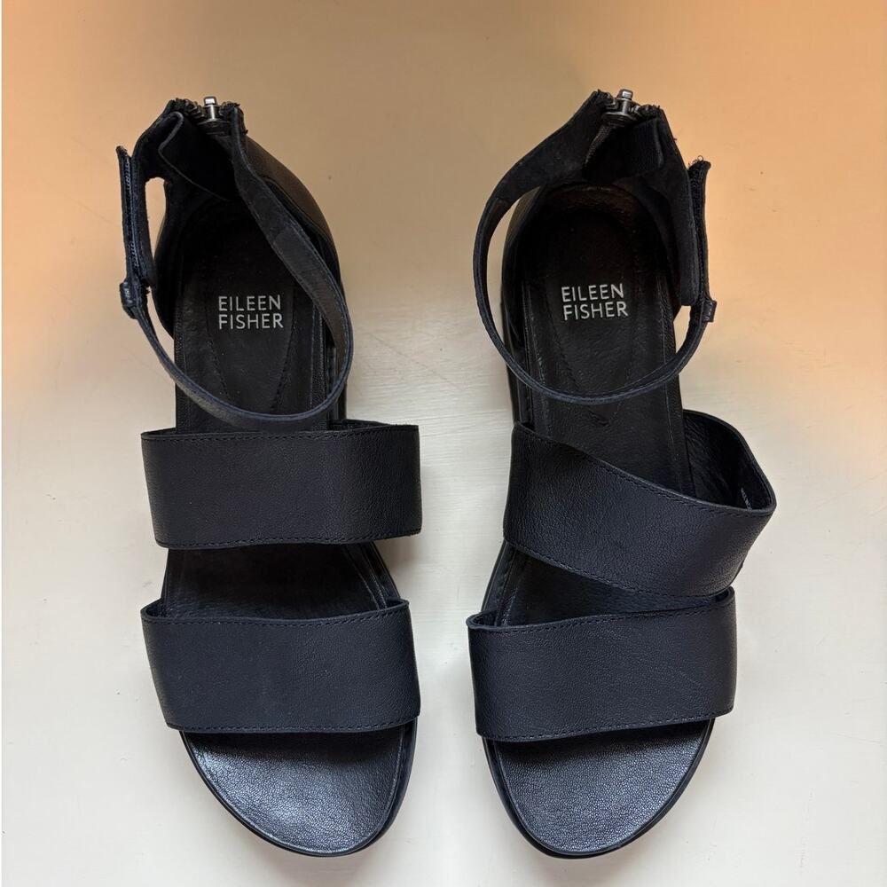 Eileen Fisher Keno Black Leather Platform Wedge Sandal Size 7